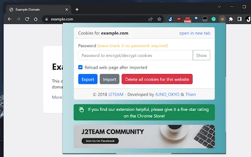 J2TEAM Cookies डाउनलोड करें – कुकीज़ एक्सपोर्ट/इंपोर्ट करें - Screenshot 1